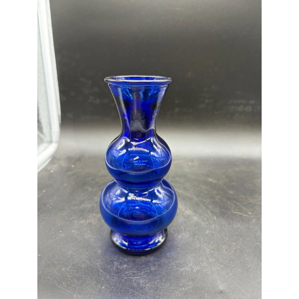 Vintage Cobalt Blue Glass Bud Vase Double Bulb Gourd‎ Shape Mid Century Modern